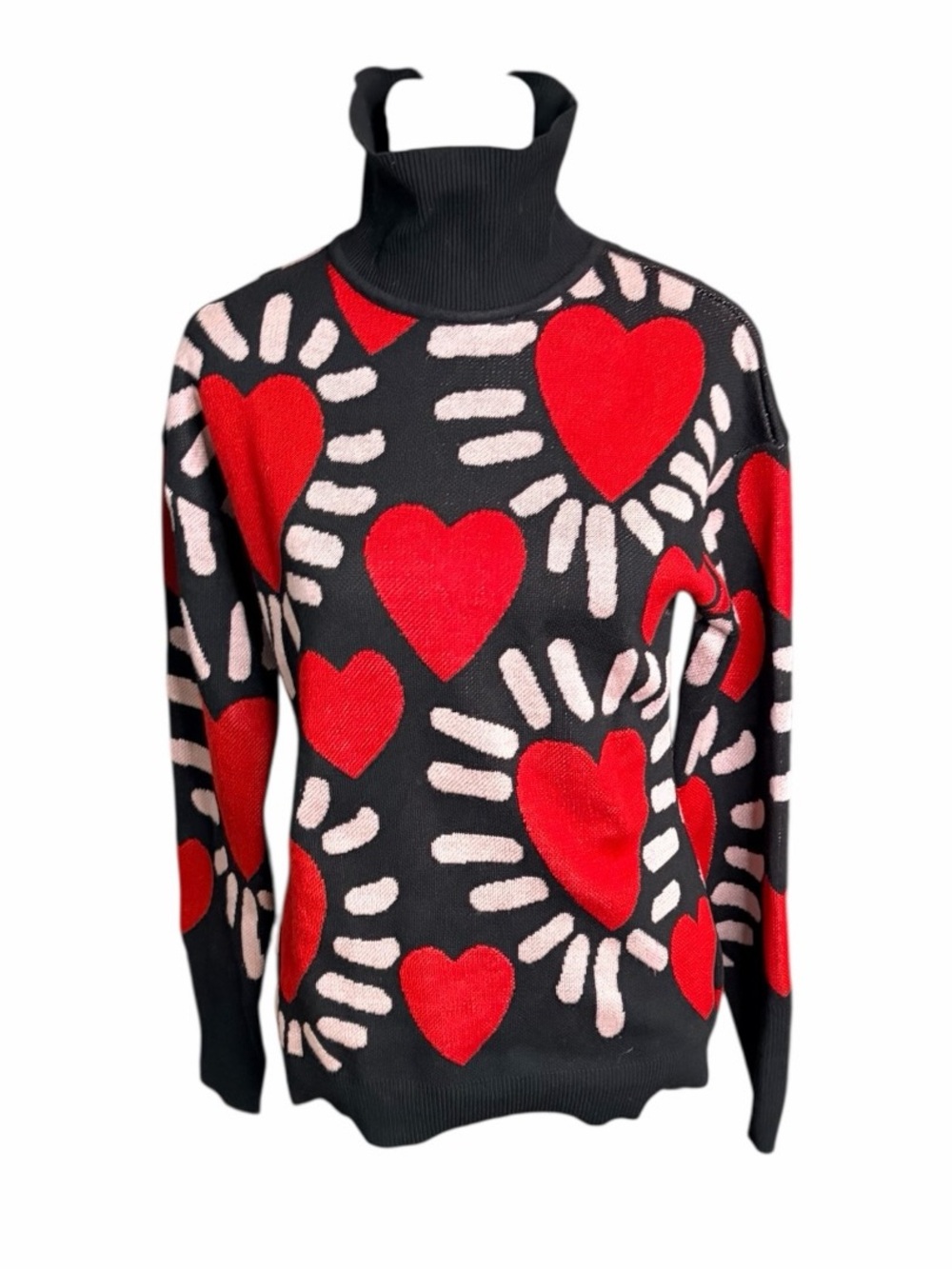 Black Knit Sweater with Pink Graphic Accents